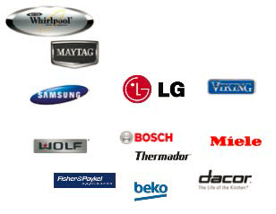 Brand logos for Whirlpool, Maytag, Samsung, Wolf, Fisher & Paykel, LG, Bosch, Thermador, beko, Viking, Miele, and dacor